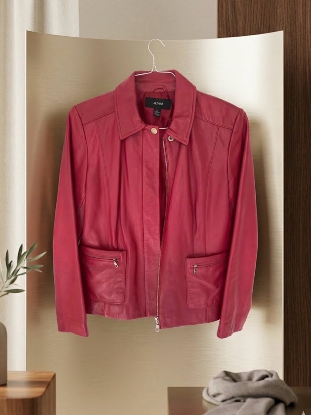 Alfani Women's Raspberry-Red Leather Zip Jacket